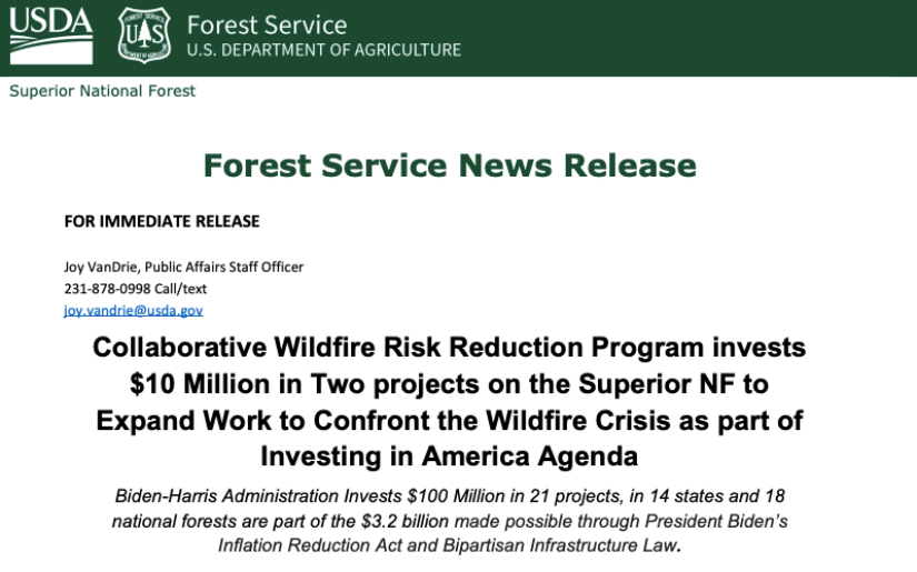 Collaborative Wildfire Risk Reduction Program invests $10 Million in Two projects on the Superior NF to Expand Work to Confront the Wildfire Crisis as part of Investing in America Agenda